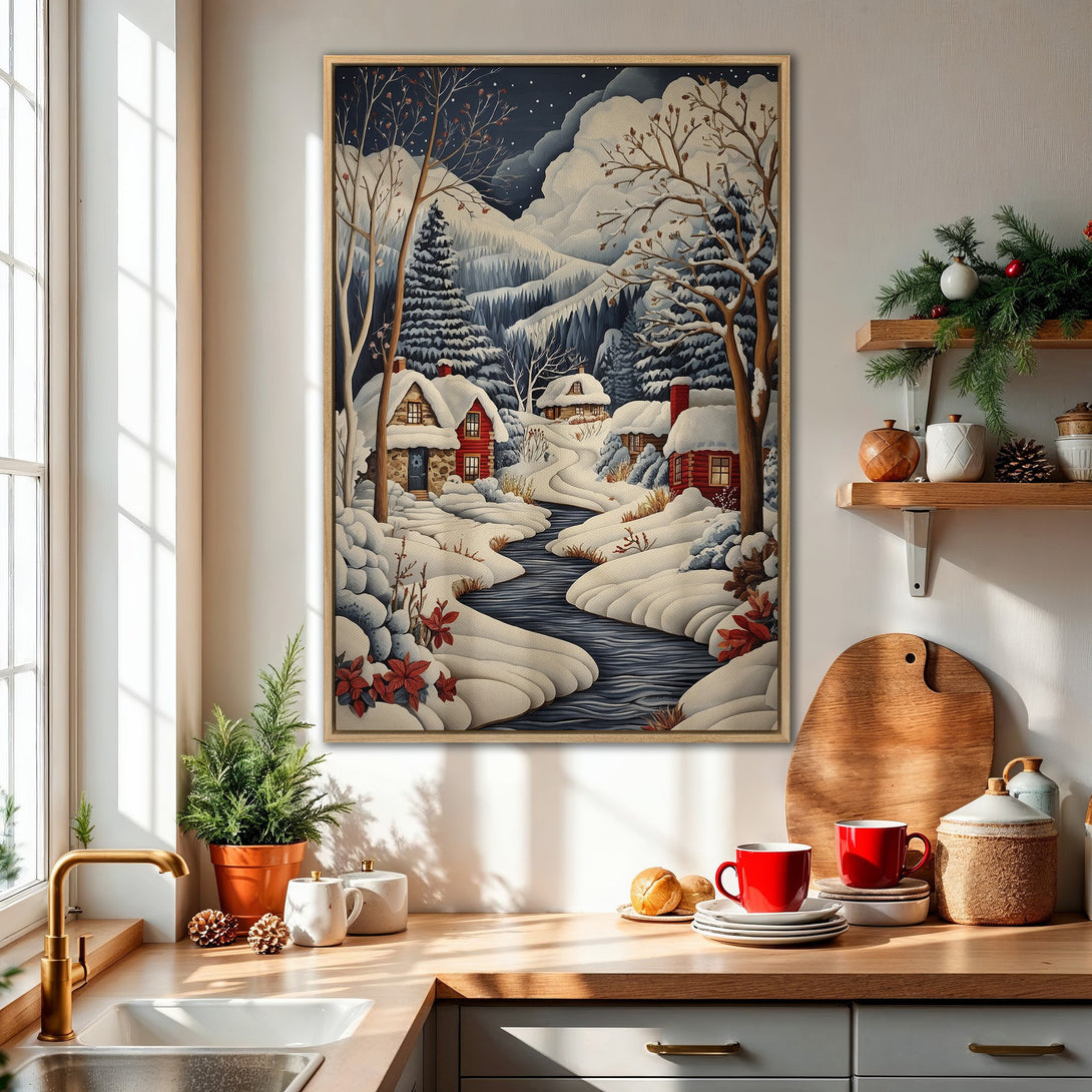 Framed Wall Art: Winter landscape Canvas Print. Rustic cabin scene in a snowy forest with a blue and white color palette. Perfect for cozy decor!