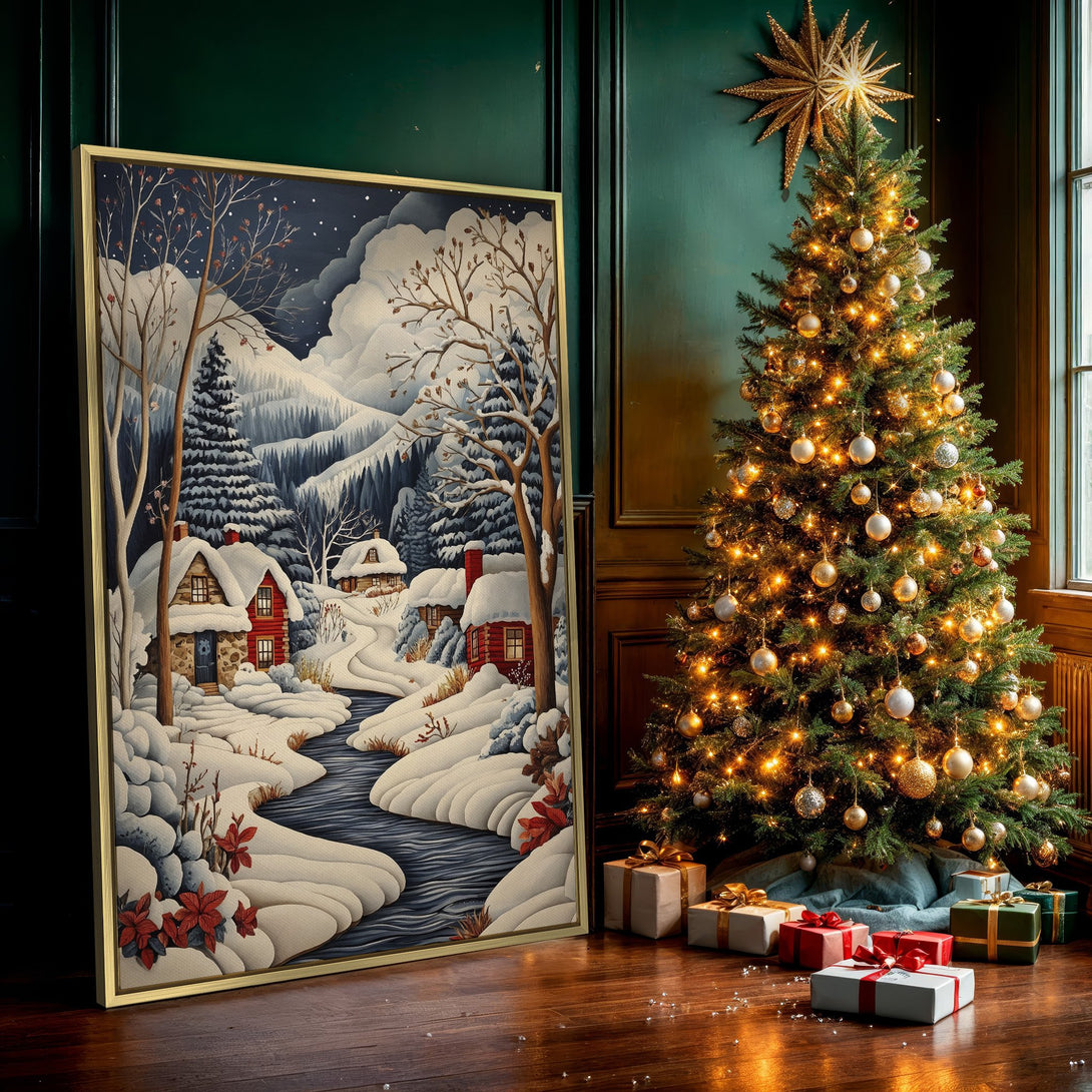 Canvas Print of a winter landscape painting with cozy cabins, a river, and snow. Featuring a warm, inviting color palette.