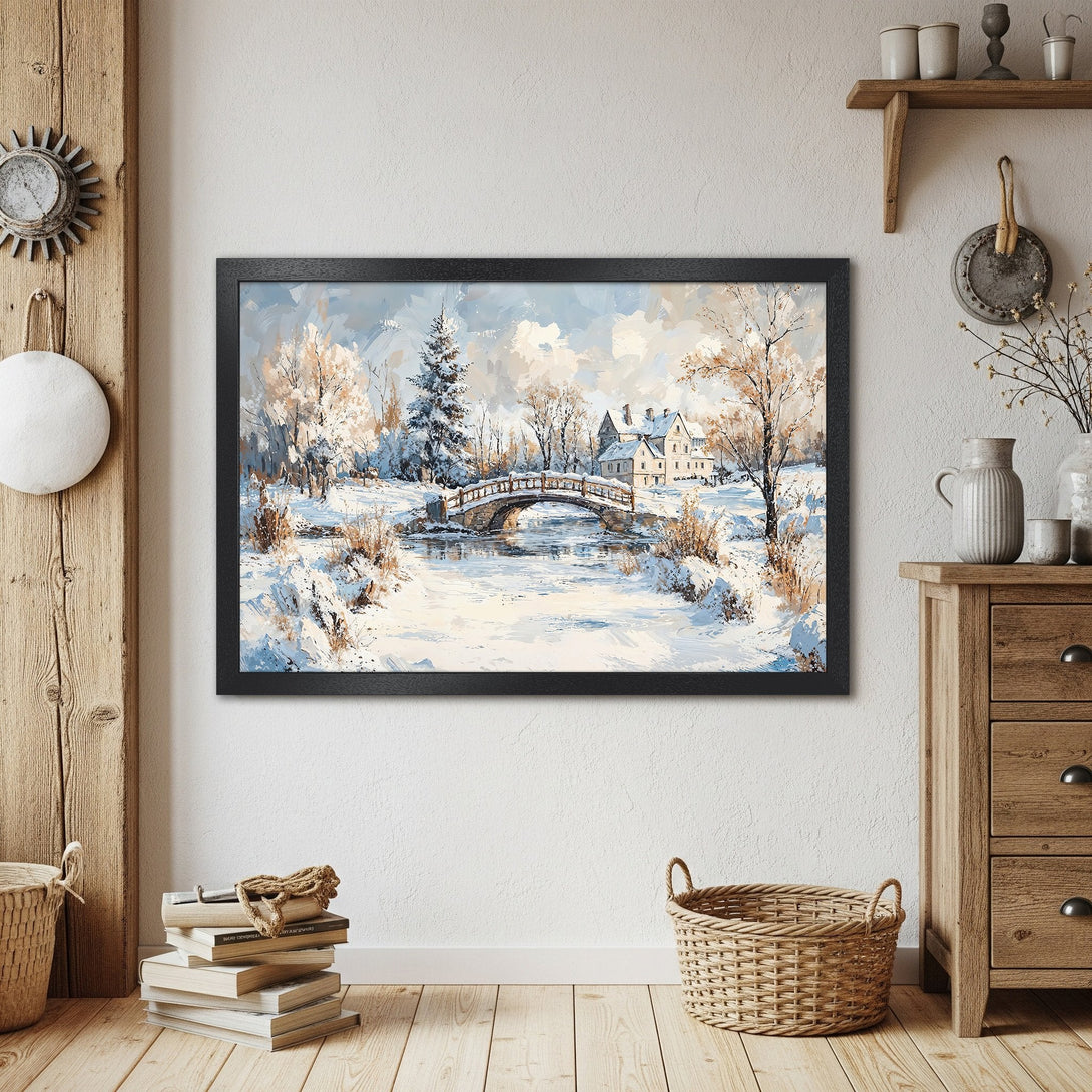 Framed Poster of a winter landscape painting. Features a bridge, snow, and a serene blue and white color palette. Perfect wall art!