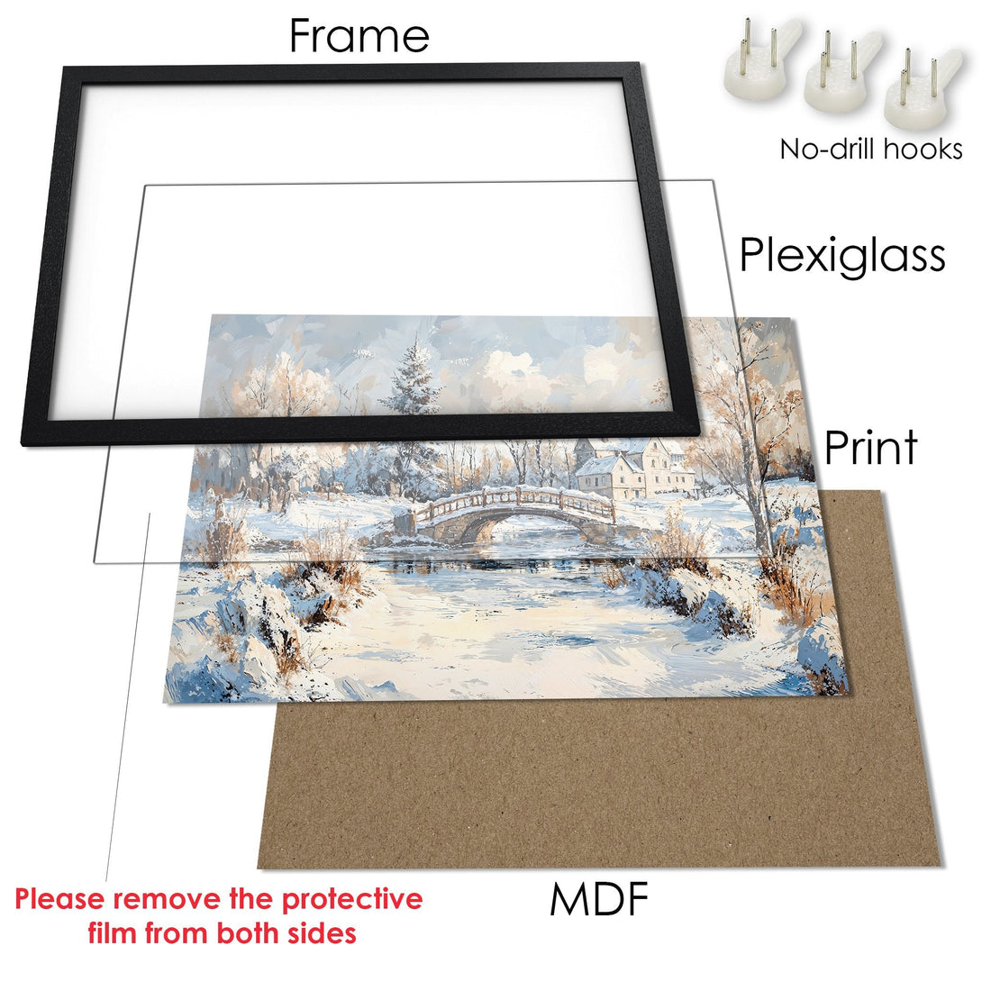 Framed Poster of a winter landscape painting in a serene, impressionistic style with a cool blue and beige palette.