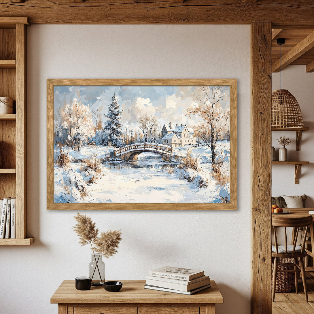 Framed Poster of a winter landscape painting. Features a bridge, trees, and snow in a blue and beige palette. Perfect wall art.