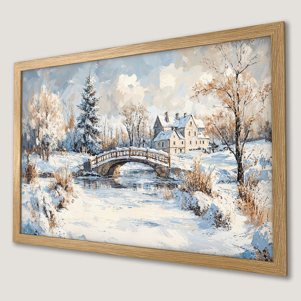 Framed Poster of a winter landscape painting. Features a bridge, house, and a cool blue and beige color palette. Perfect wall art!