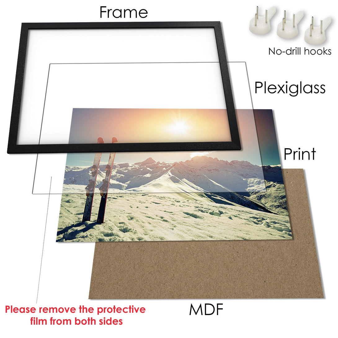 Framed Poster of a mountain landscape with skis, featuring a warm color palette. Perfect wall art for your home!