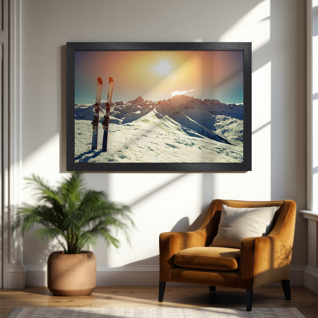 Framed Poster of snowy mountains with skis, warm color palette, perfect for ski lovers.