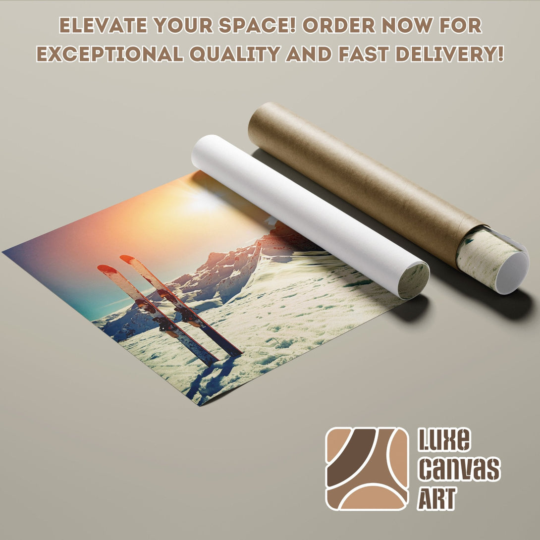 Poster roll featuring a mountain landscape with skis, warm colors. Get yours today!