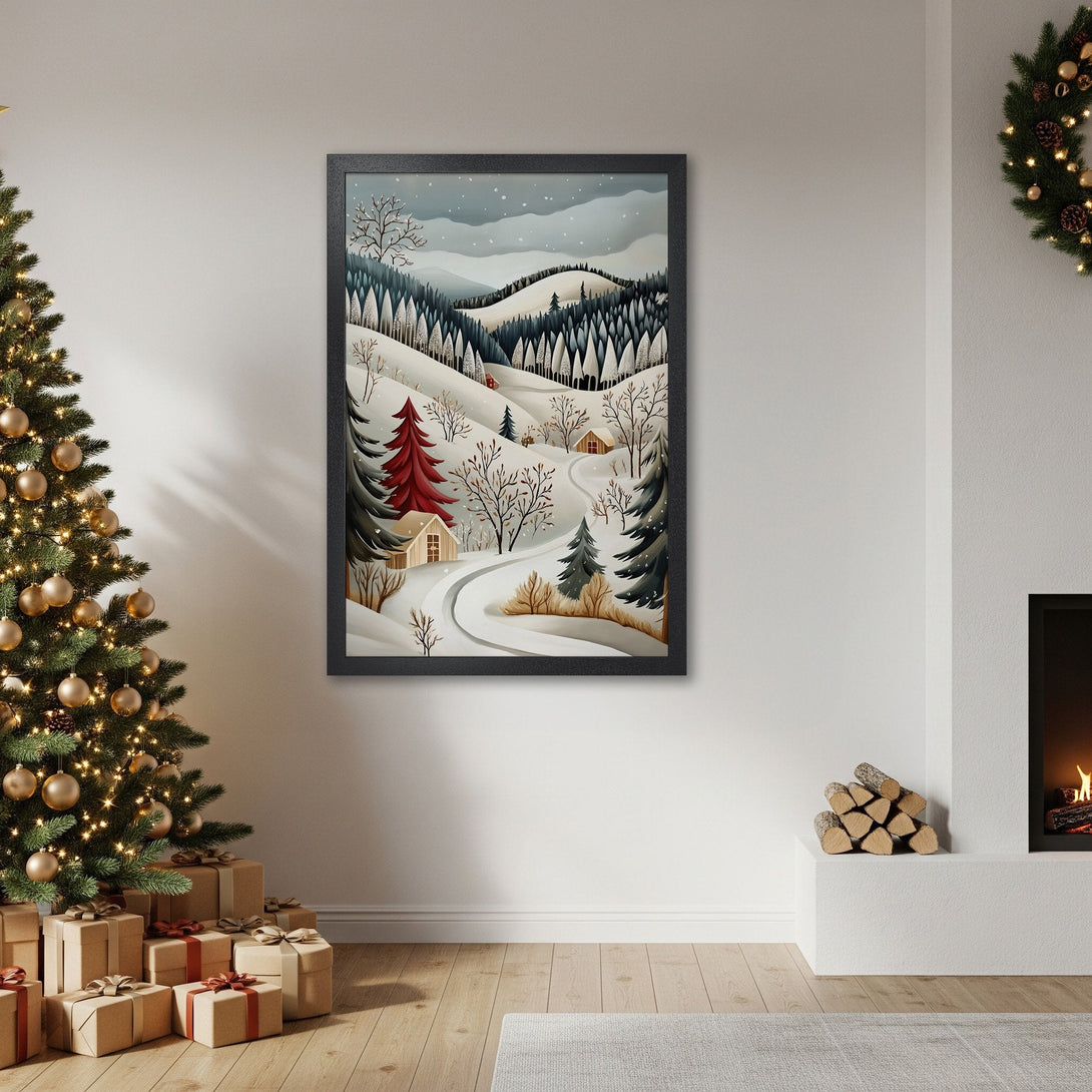 Framed Poster featuring a winter landscape in a whimsical style with a muted color palette of whites, greens, and reds. Perfect for holiday decor.