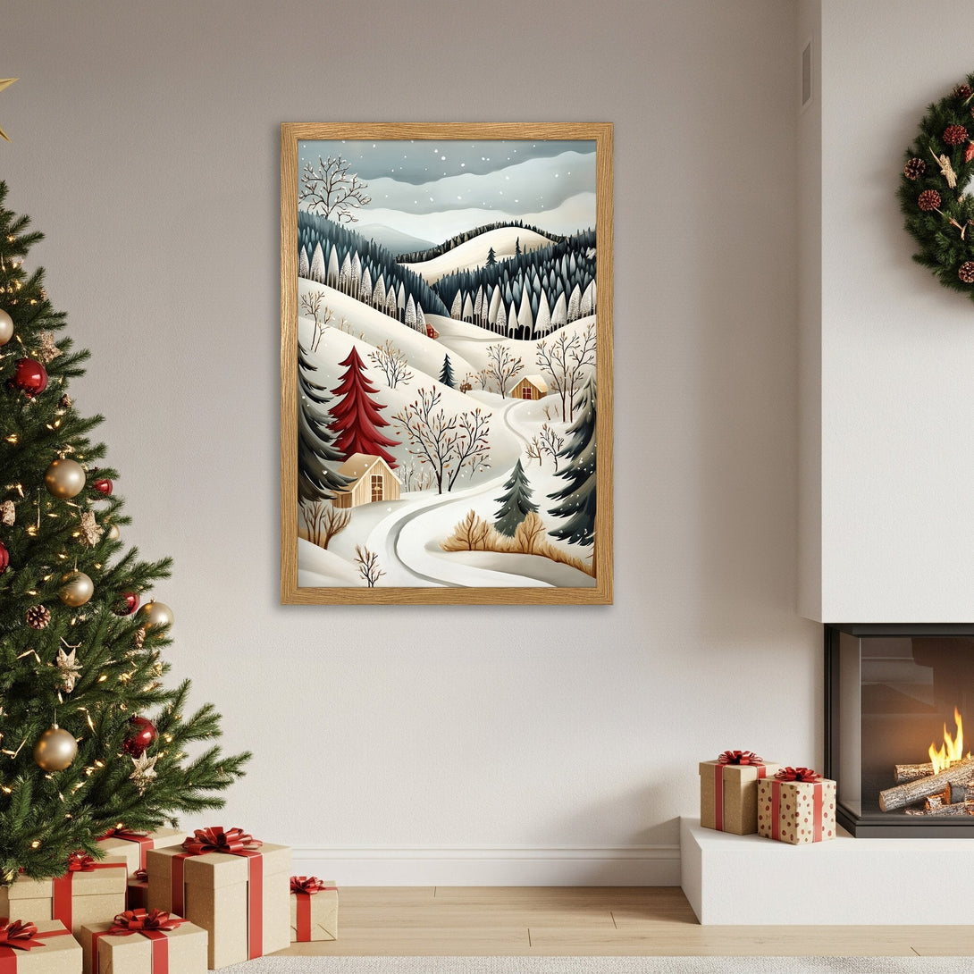 Framed Poster of winter landscape art. Features snowy hills, trees, and a red house. Earthy tones, perfect for holiday decor!