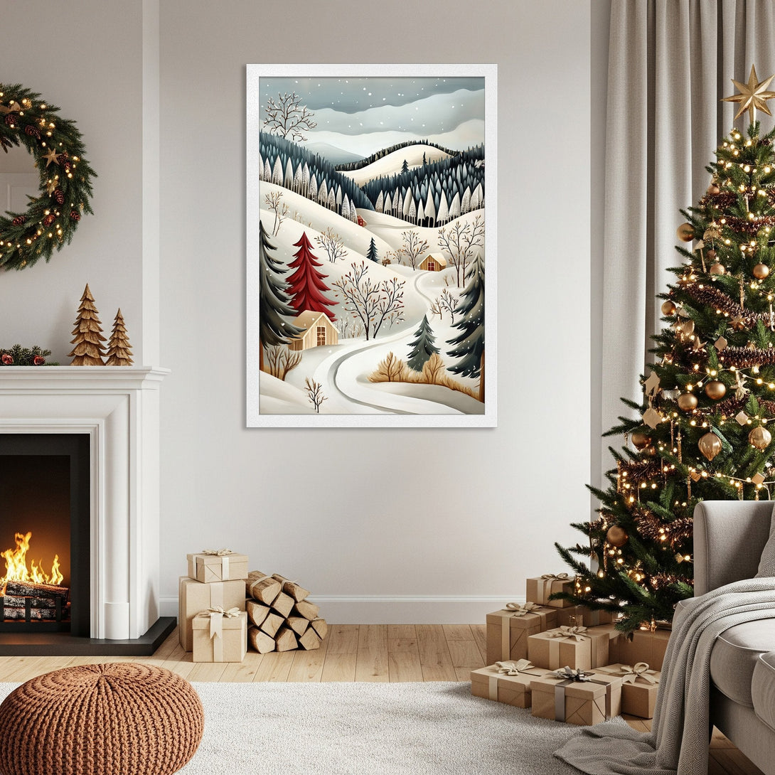 Framed Poster of winter landscape art in a cozy room, featuring a snowy scene with a red tree and a cool, muted color palette.