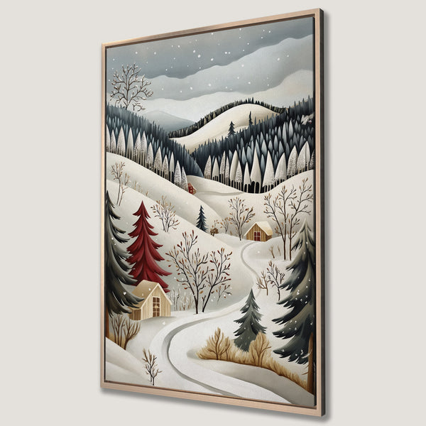 Framed Wall Art: Winter landscape Canvas Print in muted gray, white, and brown tones. Cozy cabin scene in a whimsical, illustrative style. Perfect for seasonal decor.