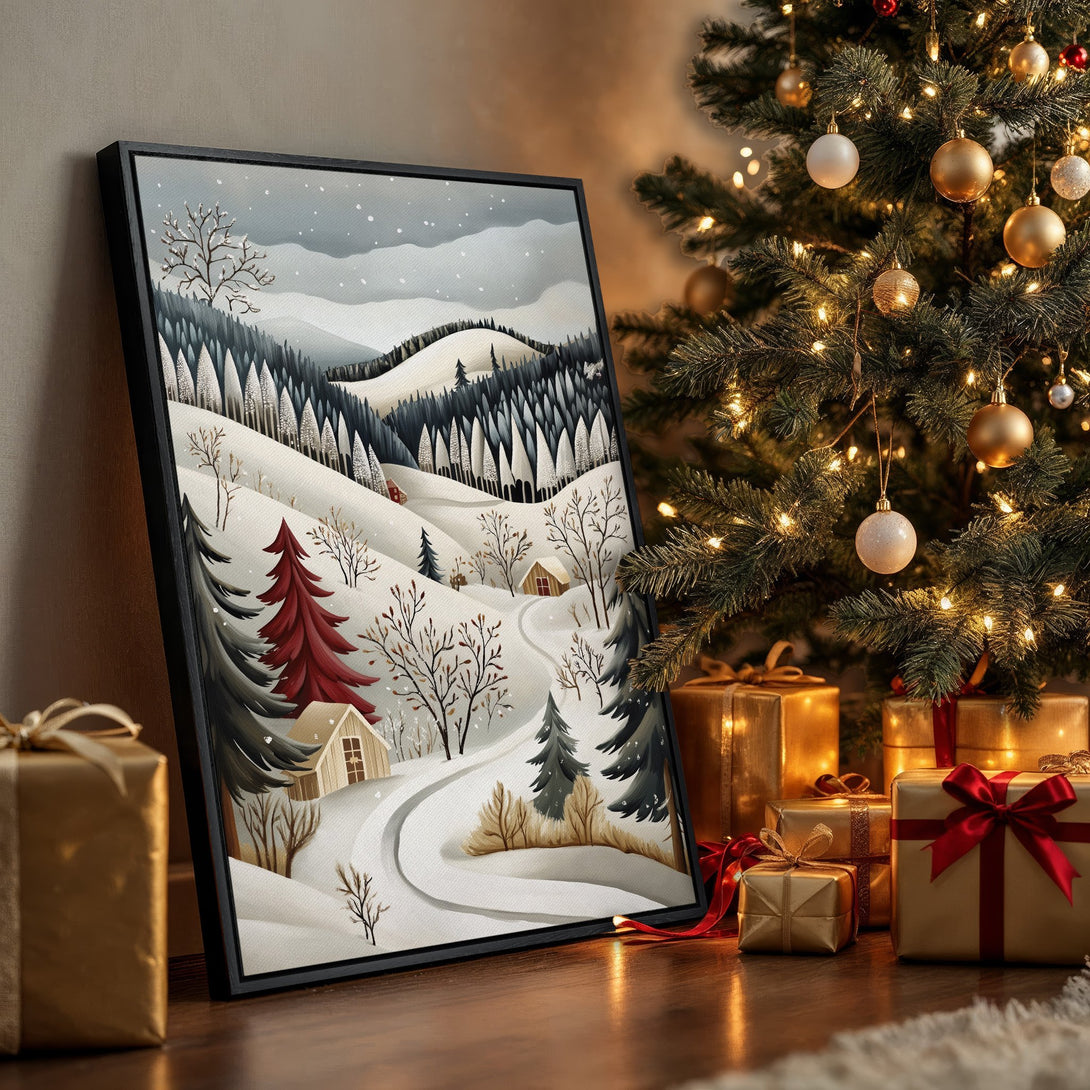 Framed Wall Art: Winter landscape Canvas Print with snowy hills, trees, and cabins. Neutral color palette with pops of red, perfect for holiday decor.