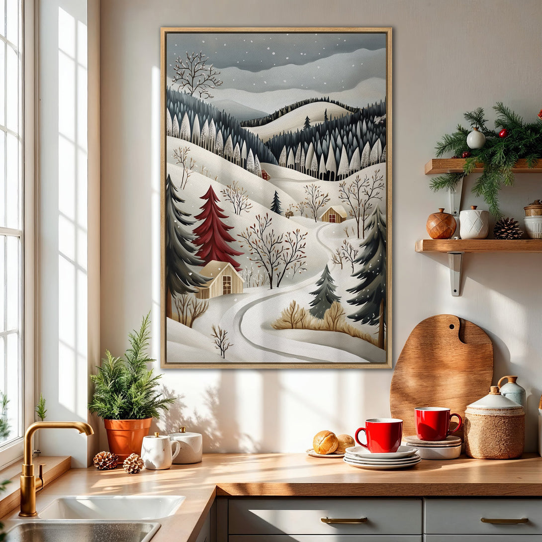 Framed Wall Art: Winter landscape canvas print. Features snowy hills, trees, and cabins in a muted, cool color palette. Perfect for cozy home decor.