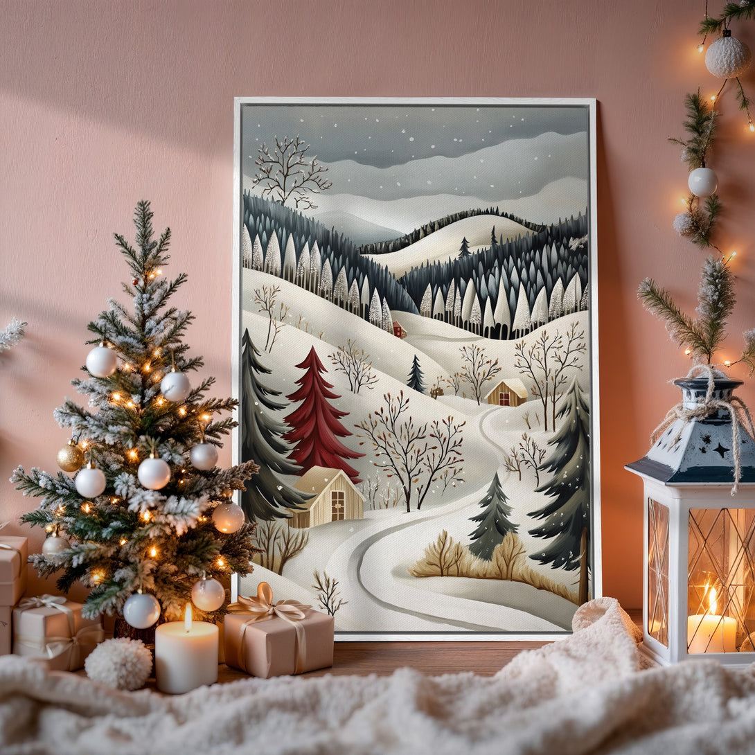 Framed Wall Art: Winter landscape Canvas Print in muted blues, greens, and reds. Cozy cabin art perfect for holiday decor. Bring the winter wonderland indoors!