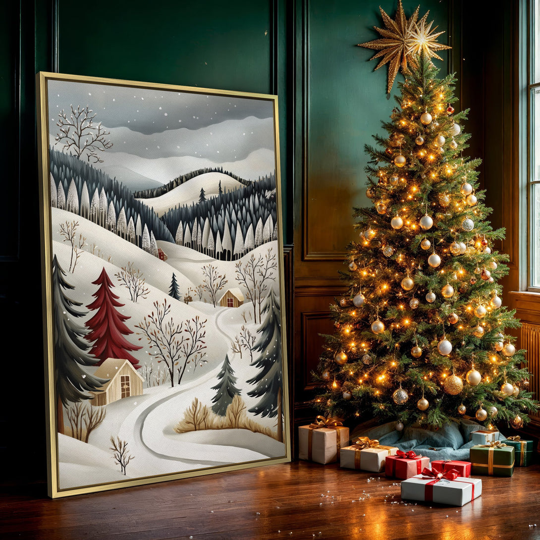 Canvas Print of a winter landscape painting in a neutral color palette, perfect for cozy home decor.