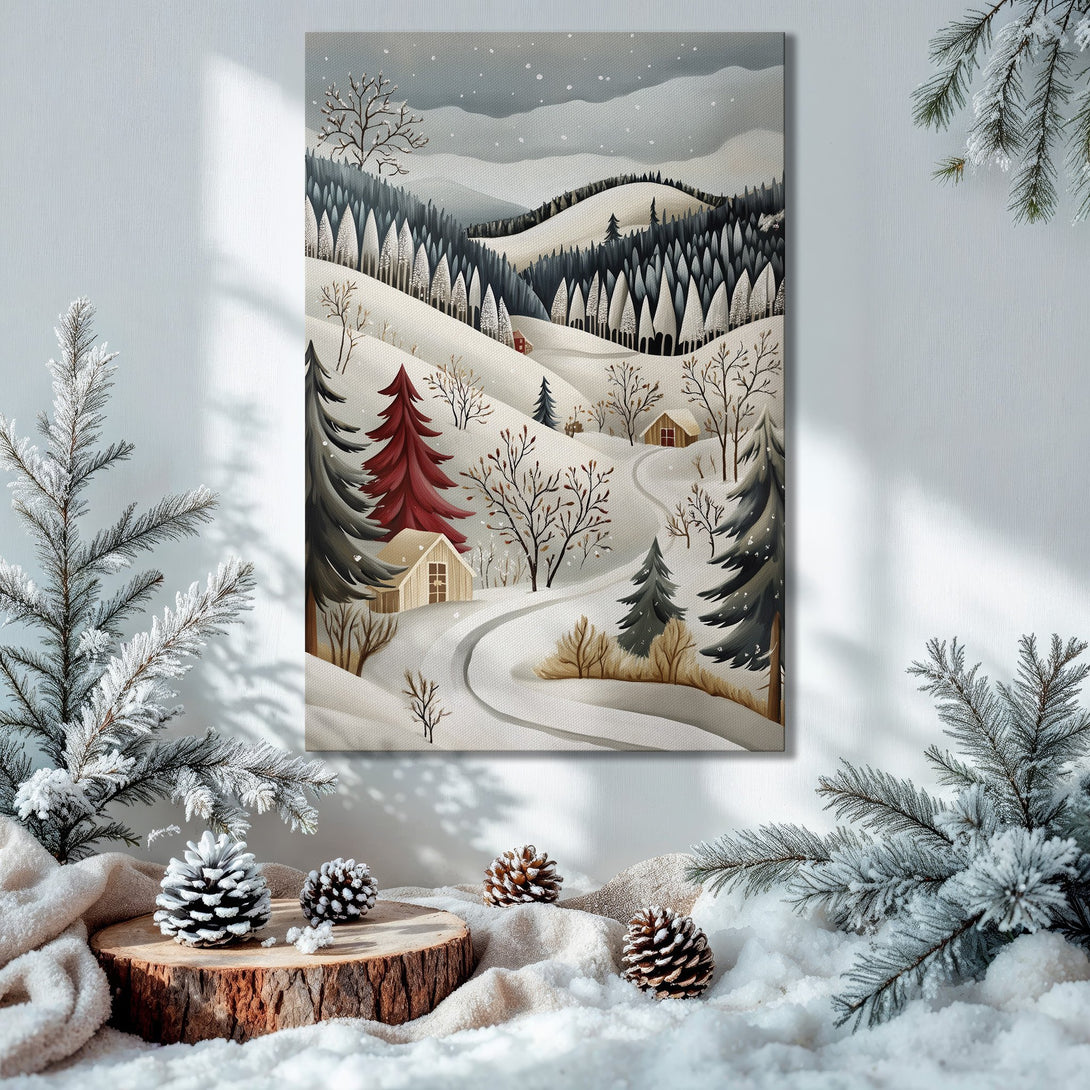 Framed Wall Art: Winter landscape Canvas Print in a cozy interior. Features a snowy scene with a muted color palette. Perfect for holiday decor.