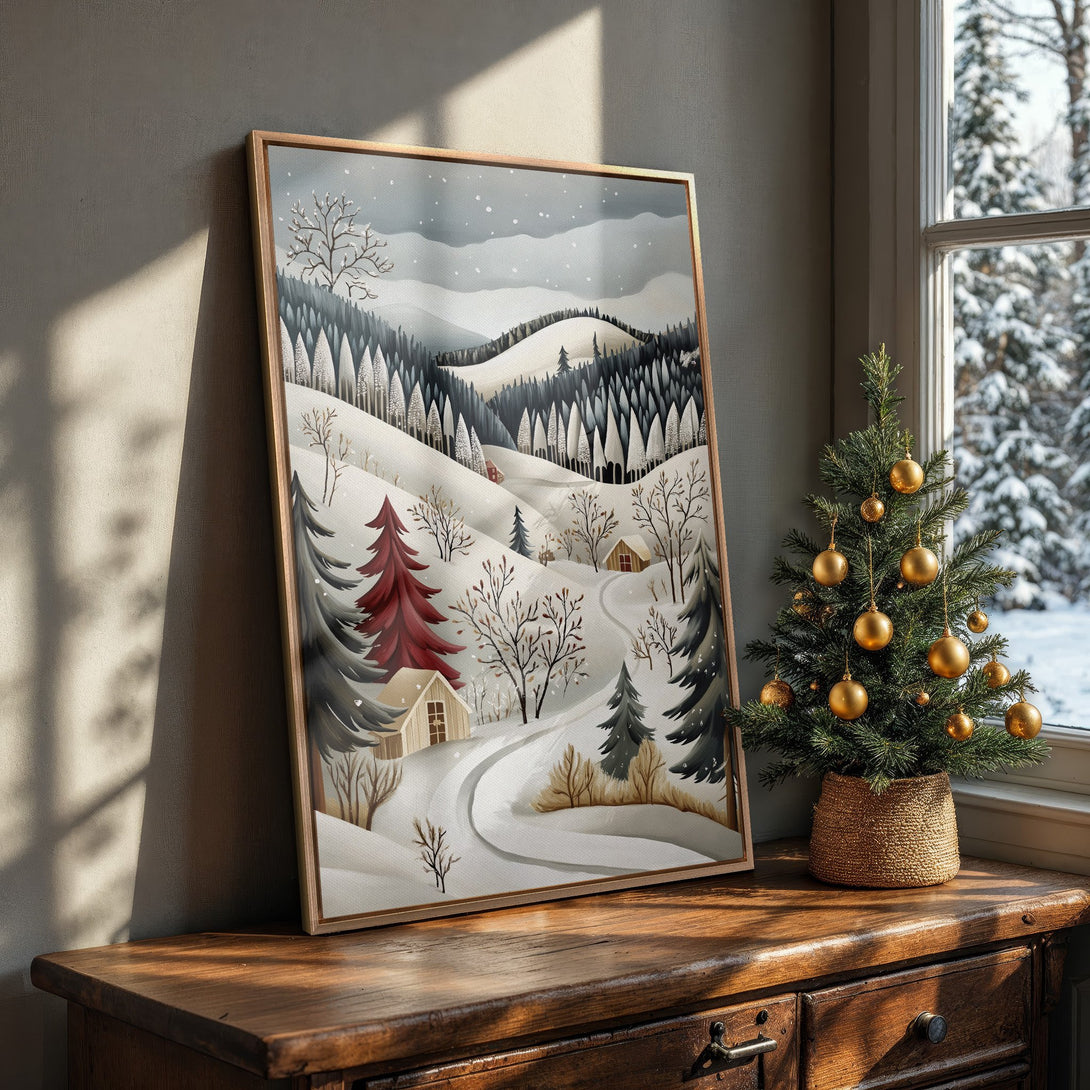 Framed Wall Art: Winter landscape Canvas Print with a cozy cabin scene, featuring a neutral color palette with pops of red, perfect for holiday decor.