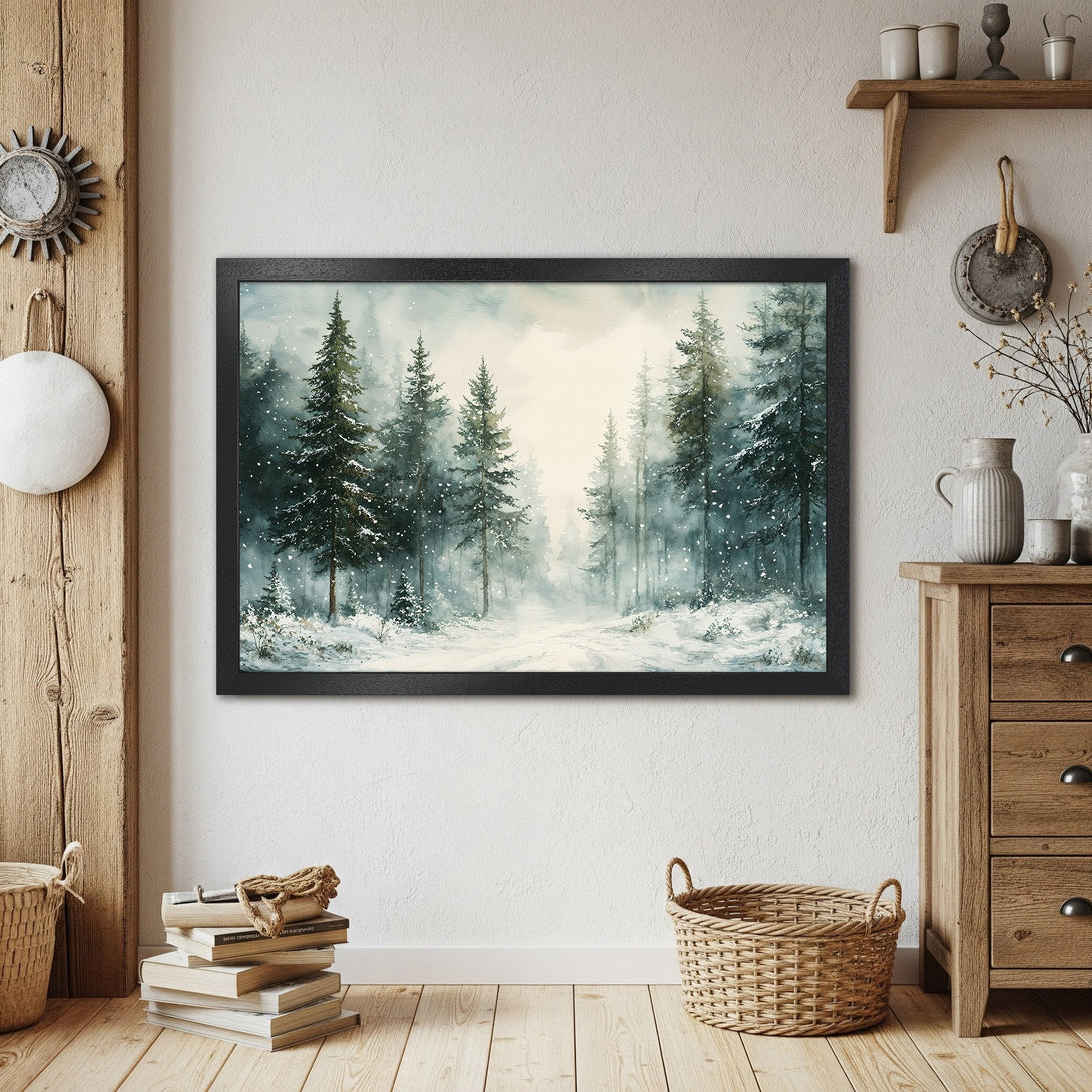 Framed Poster of a snowy forest scene in watercolor style. Cool blue and green palette. Perfect for winter decor!