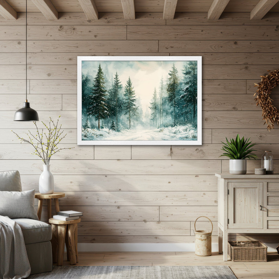 Framed Poster featuring a serene winter forest scene in watercolor style, with a cool blue and green color palette. Perfect for home decor.