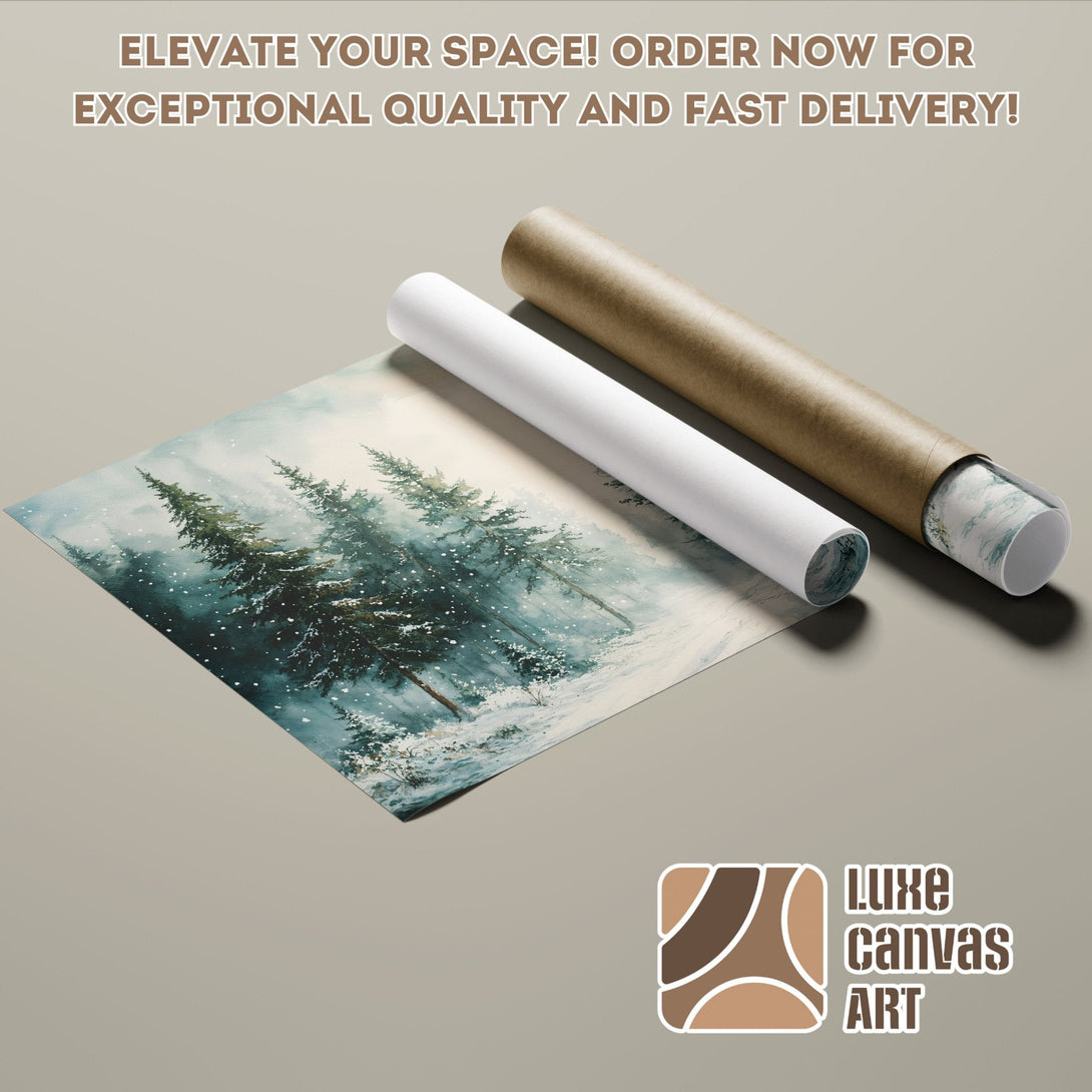 Winter forest scene Poster Roll. Watercolor style, teal and neutral color palette. Order yours today!