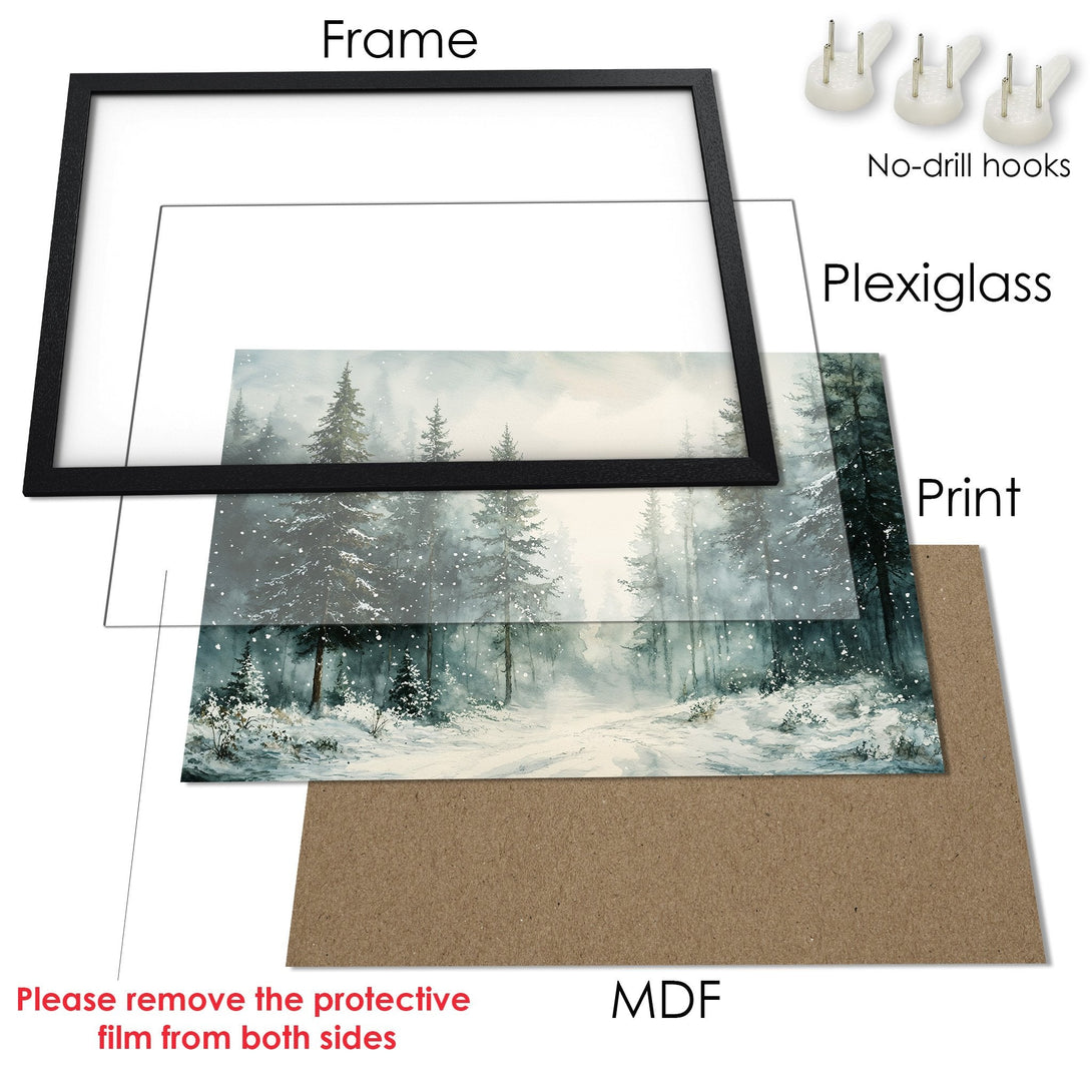 Framed Poster featuring a serene winter forest scene in watercolor style with a cool blue and gray palette. Add a touch of nature to your home!