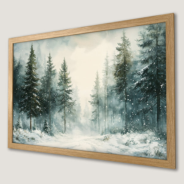 Framed Poster of a winter forest scene in watercolor style, featuring a serene blue and green palette.