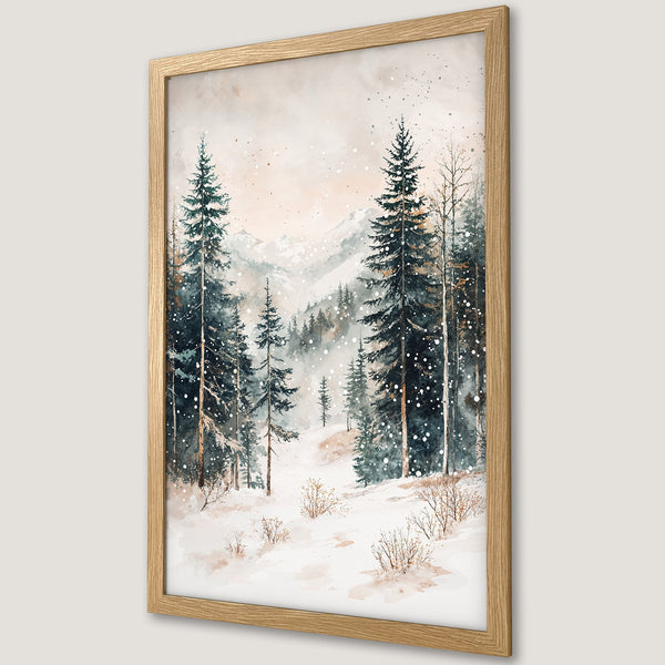 Framed Poster of a winter forest scene in watercolor style, with a muted green and beige color palette. Perfect wall art.