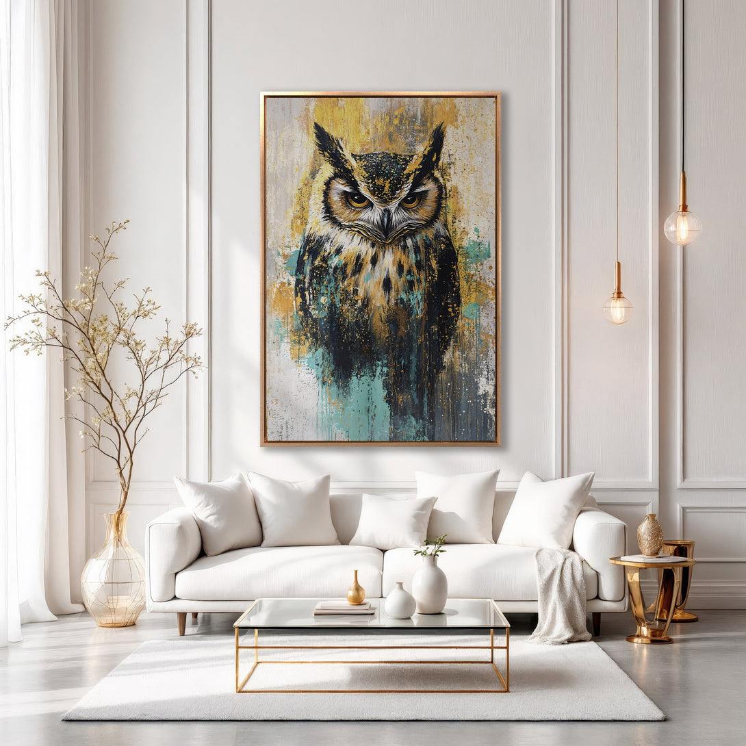 Framed Wall Art: Abstract owl painting in gold, teal, and black. Modern decor inspiration for living room. Shop canvas prints and elevate your space.