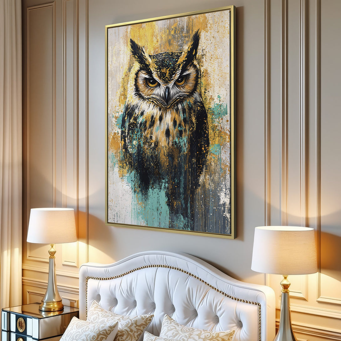 Canvas Print featuring an abstract owl painting in a modern interior. Gold, teal, and black color palette. Perfect wall art for your home.