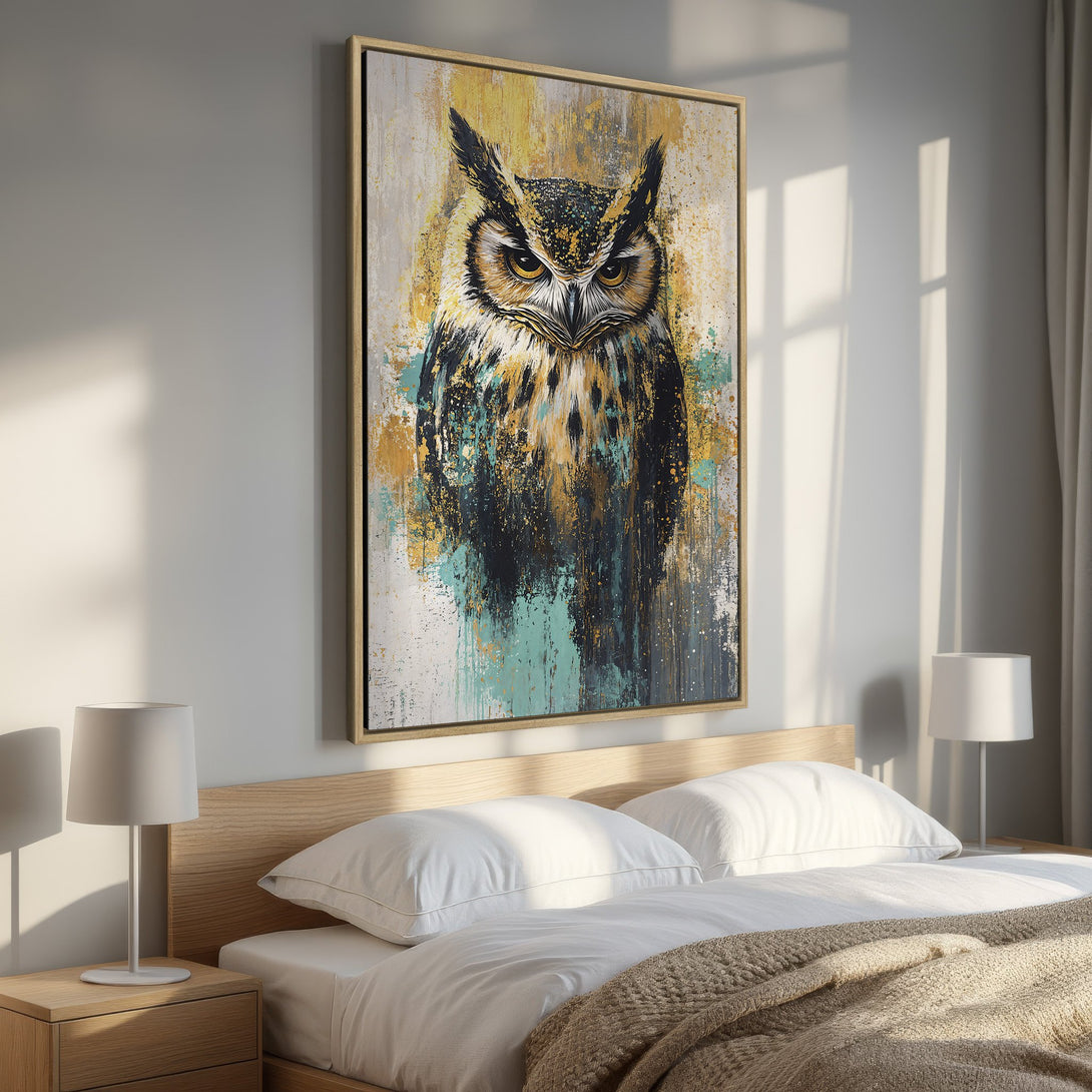 Framed Wall Art featuring an owl in an abstract style with a gold, teal, and black color palette, displayed in a bedroom setting.