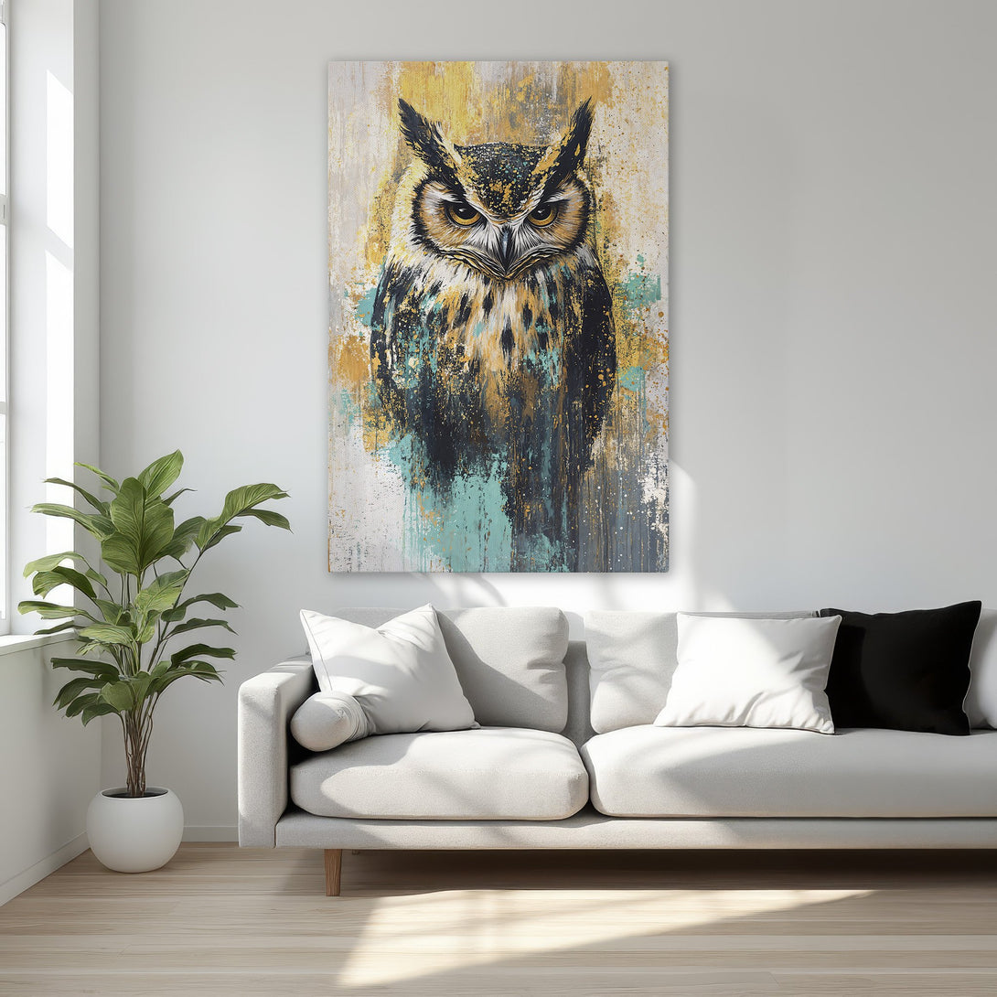 Framed Wall Art: Abstract owl painting in gold, teal, and black. Modern canvas print adds a touch of elegance to any interior.