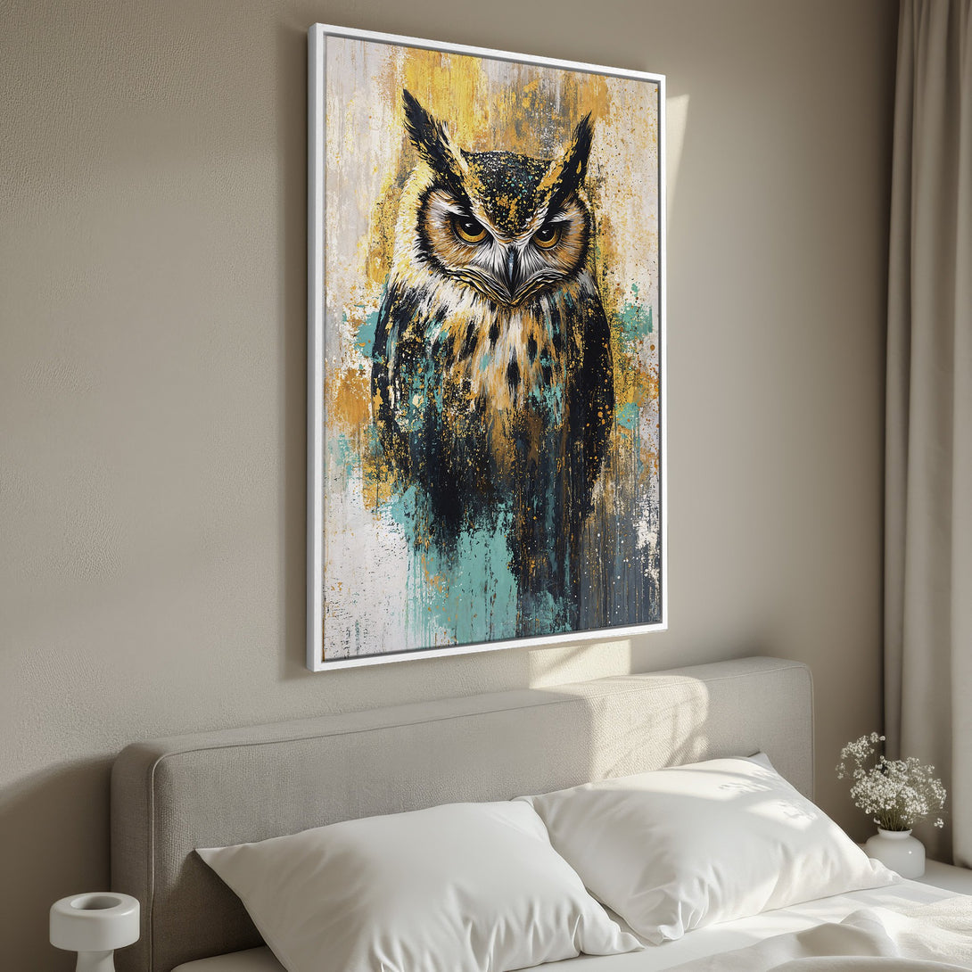 Framed Wall Art: Abstract owl painting in gold, teal, and black. Modern canvas print adds a touch of nature & style to any bedroom decor.
