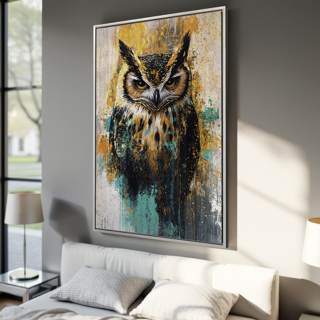 Framed Wall Art: Abstract owl painting in gold, teal, and black. Modern Canvas Print adds artistic flair to any bedroom decor. Shop now!