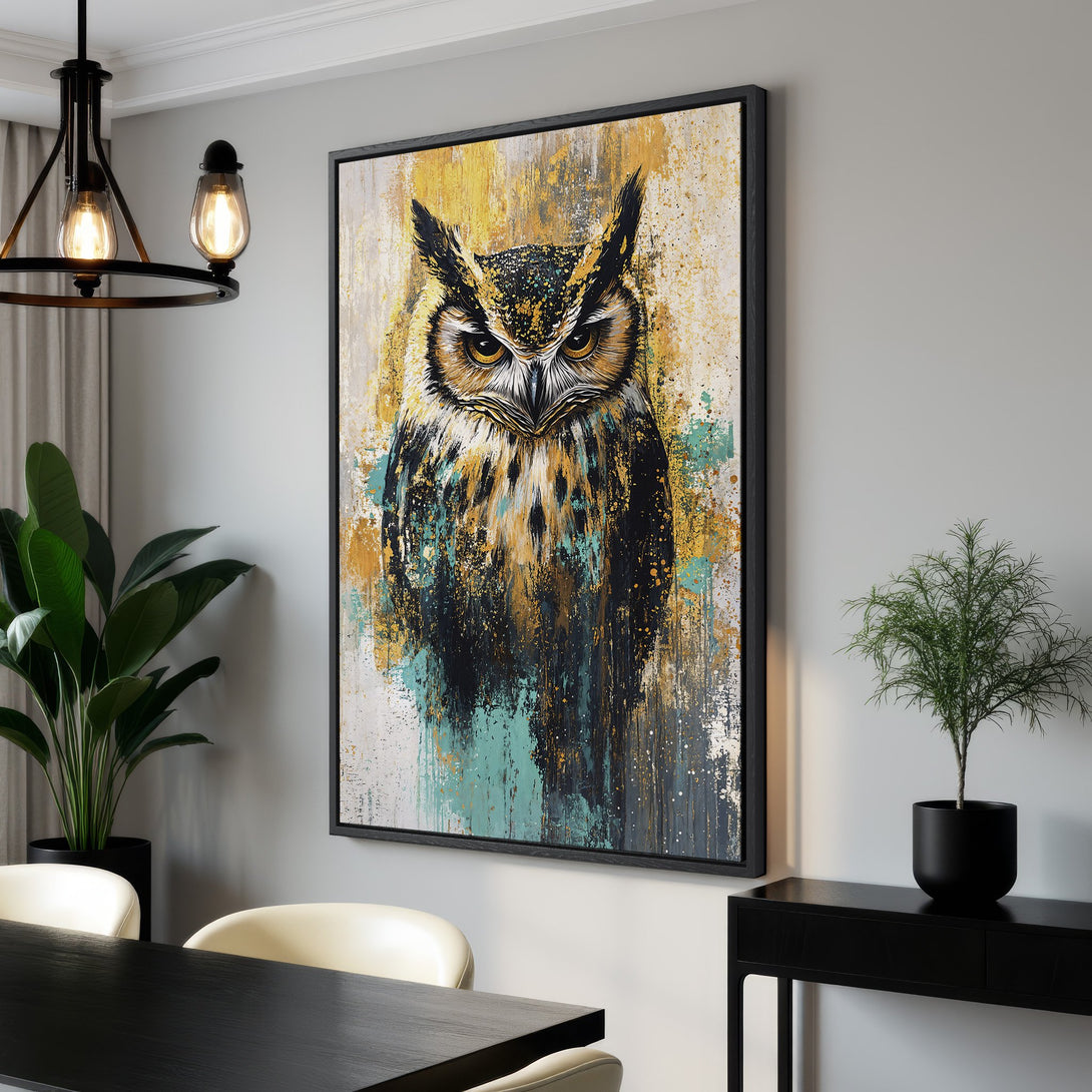 Framed Wall Art: Abstract owl painting in a modern interior. Features a bold, textured style with a gold, teal, and black color palette. Perfect for home decor.