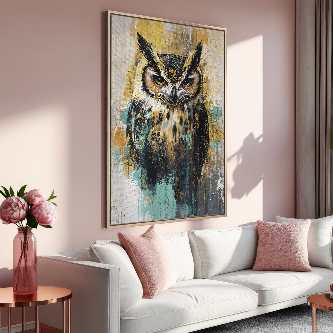 Framed Wall Art: Abstract owl painting in gold, teal, and black. Modern canvas art for living room decor. Adds a touch of elegance.