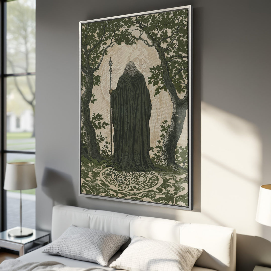 Framed Wall Art: Mystical forest scene with a cloaked figure, trees, and a Celtic design. Earthy green and beige tones create a calming, artistic aesthetic. Perfect for home decor.