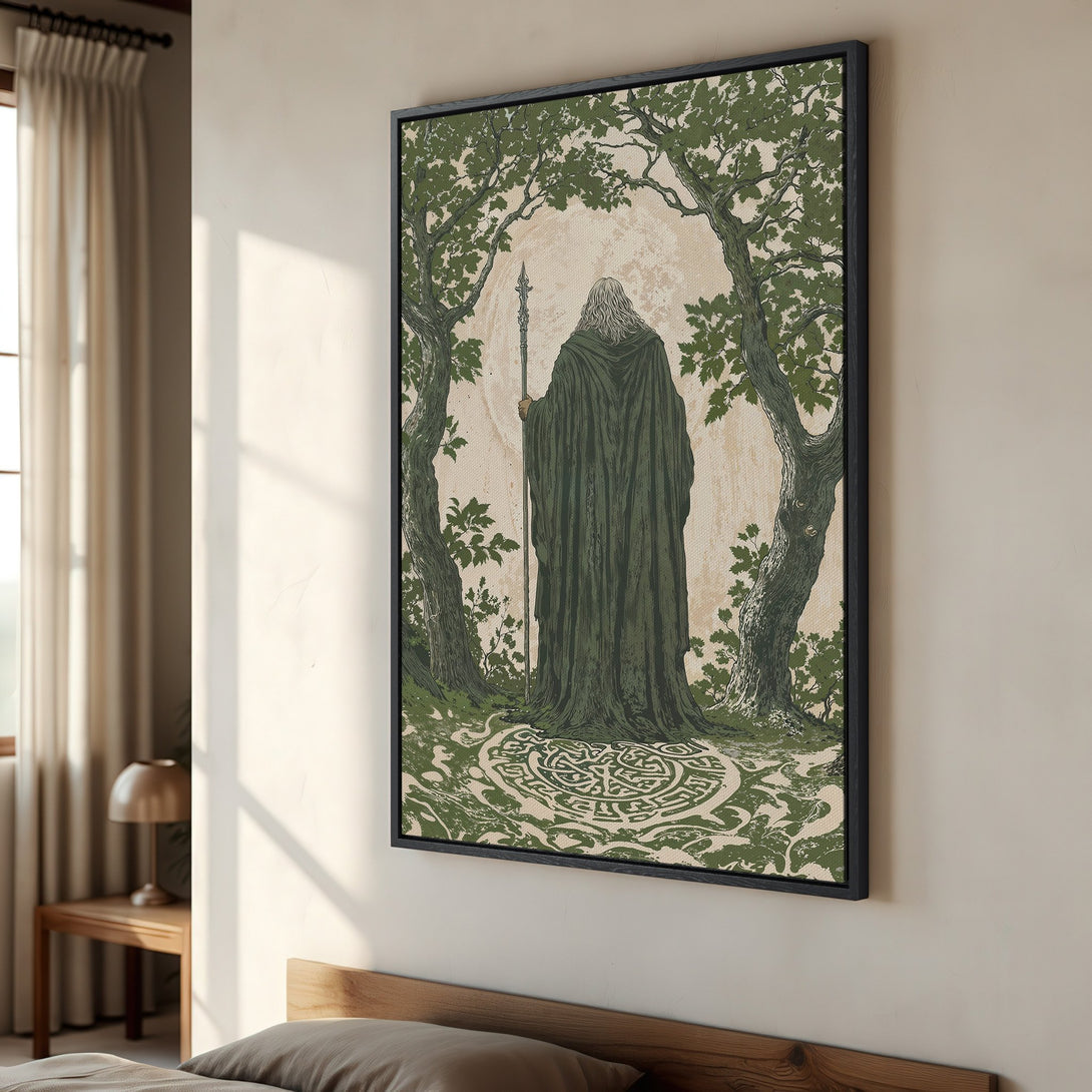 Framed Wall Art featuring a wizard in a forest scene. Vintage style with green and beige tones. Perfect for adding a touch of fantasy to your home decor.