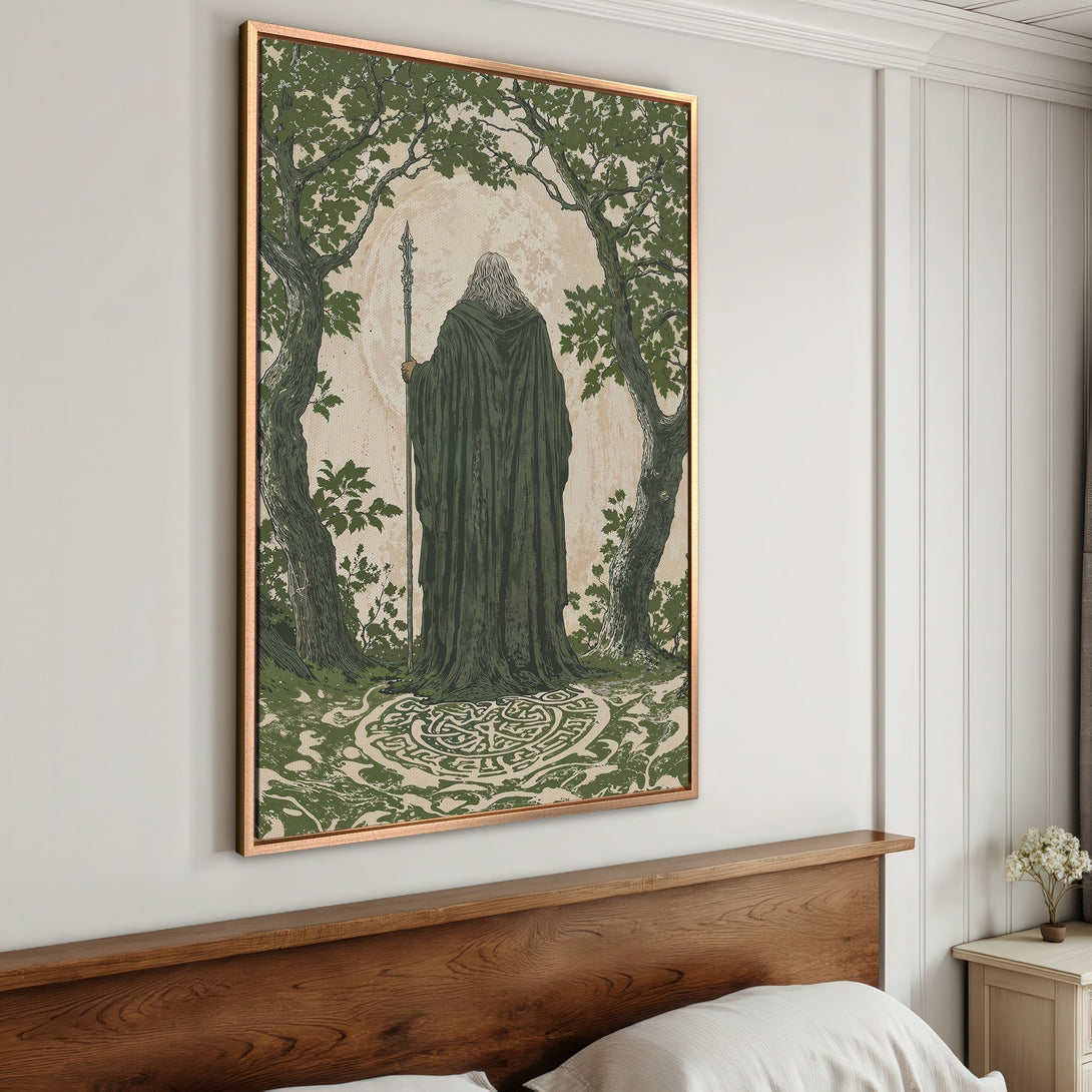 Framed Wall Art featuring a wizard in a forest scene. Earthy green and beige tones create a vintage aesthetic. Perfect for adding a touch of fantasy to your decor.