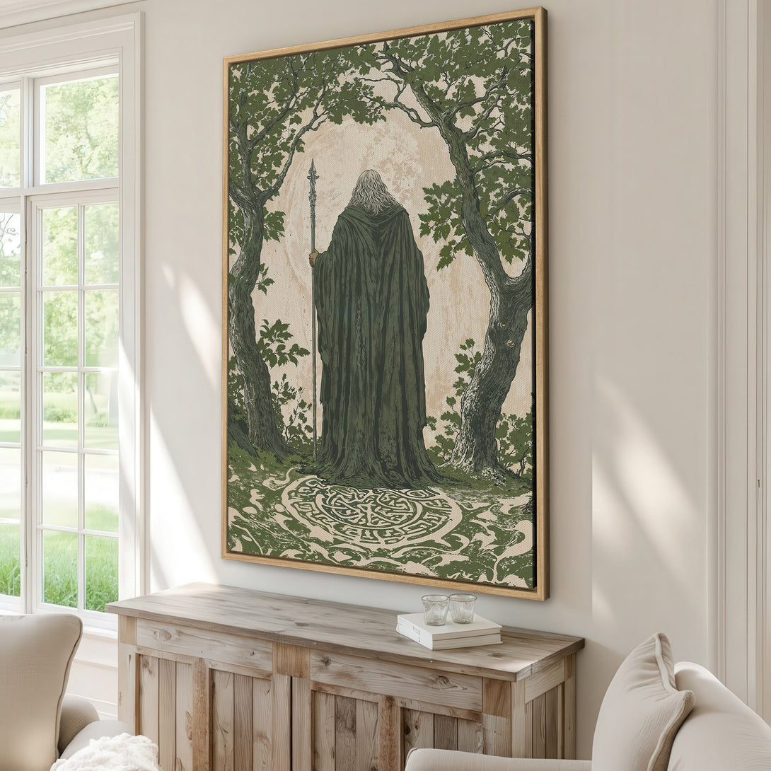 Framed Wall Art featuring a mystical figure in a forest scene. Earthy green and beige color palette. Perfect for adding a touch of fantasy to your home decor.