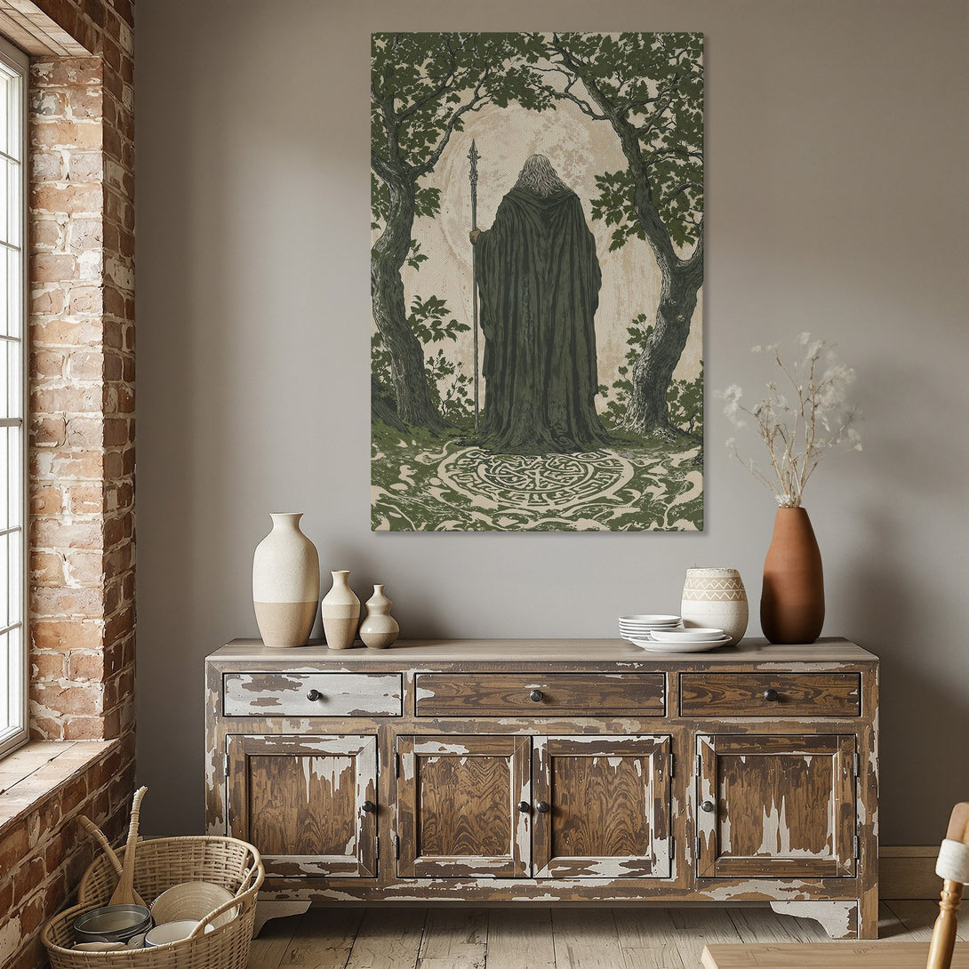 Framed Wall Art: Mystical forest scene with a figure in green tones. Perfect for adding a touch of fantasy to your dining room decor.