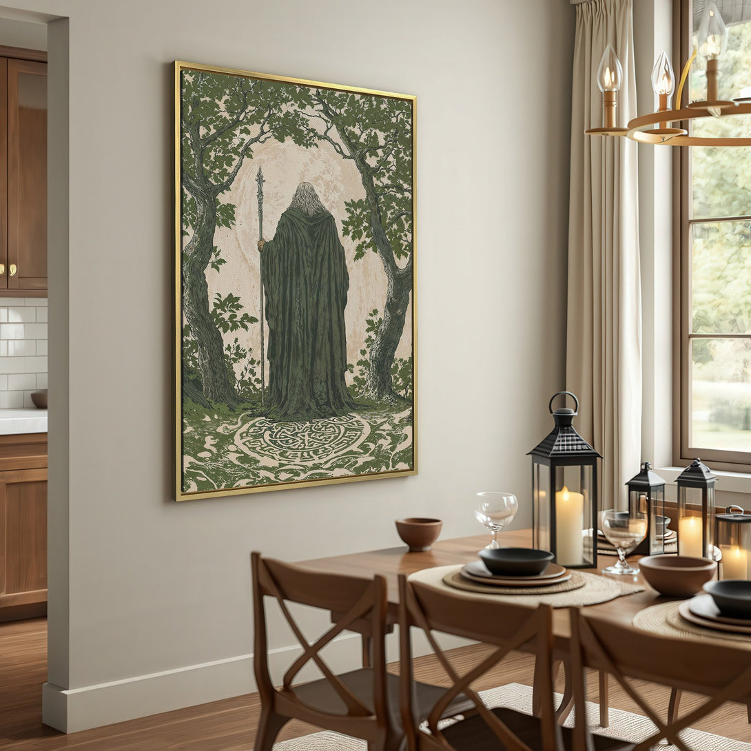 Canvas Print featuring a mystical figure in a forest scene with a green and neutral color palette. Perfect for adding a touch of fantasy to your home!