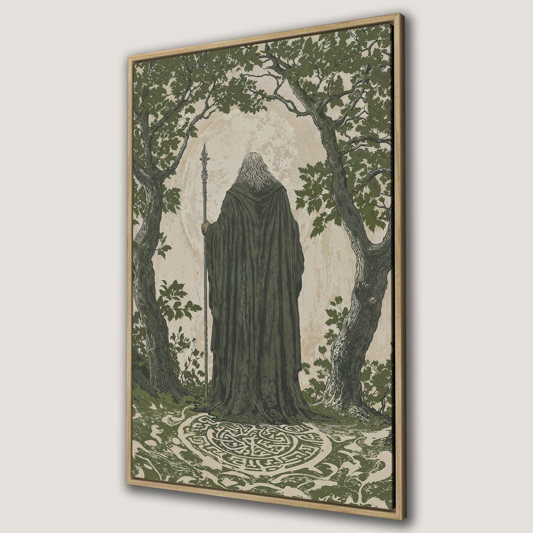 Framed Wall Art featuring a wizard in a forest, vintage illustration style. Earthy green and beige color palette. Perfect for adding a touch of fantasy to your home.