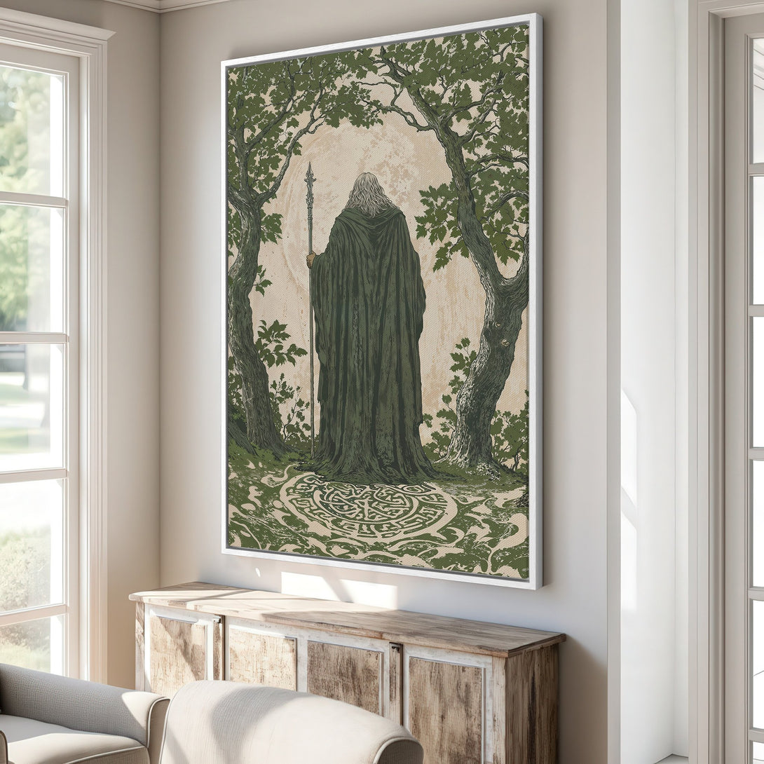 Framed Wall Art featuring a mystical figure in a forest. Earthy tones of green and beige create a serene, vintage-inspired aesthetic, perfect for any room.