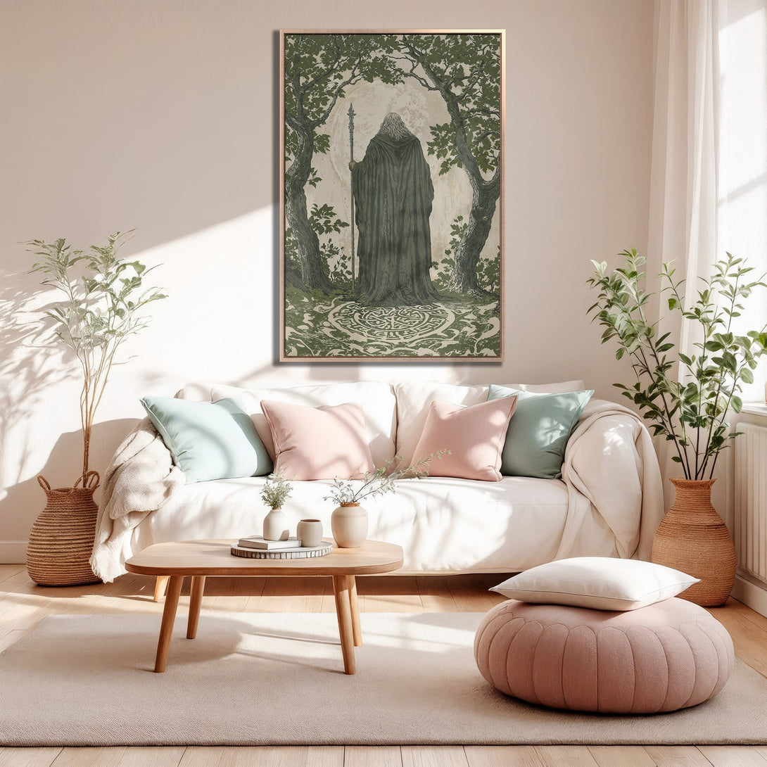 Framed Wall Art: Mystical forest scene in muted greens & beige. Adds a touch of magic to any space. Perfect for a cozy, bohemian interior.
