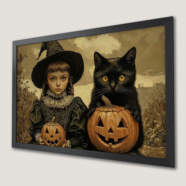 Framed Poster featuring a witch girl and black cat with pumpkins. Vintage style, warm color palette. Perfect Halloween decor!