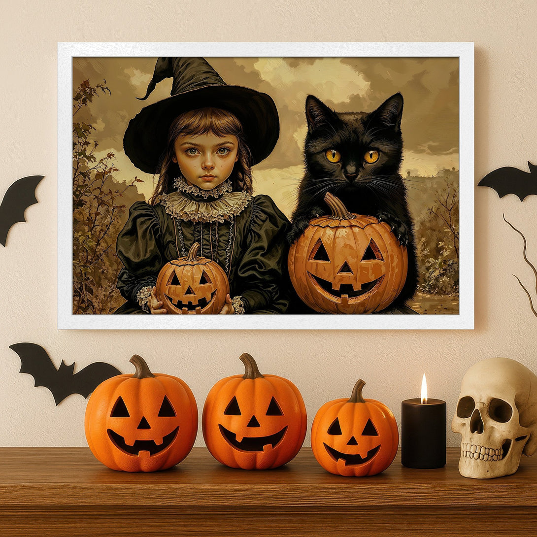 Framed Poster featuring a witch, black cat, and pumpkins. Vintage style, warm color palette perfect for Halloween decor.