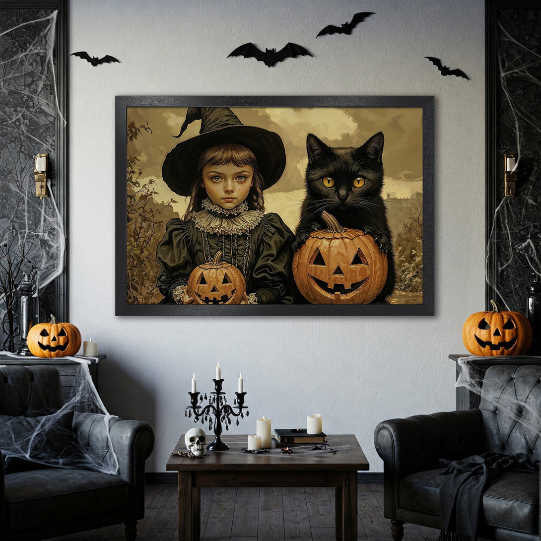 Framed Poster featuring a witch, black cat, and pumpkins. Vintage style with sepia tones, perfect Halloween decor.