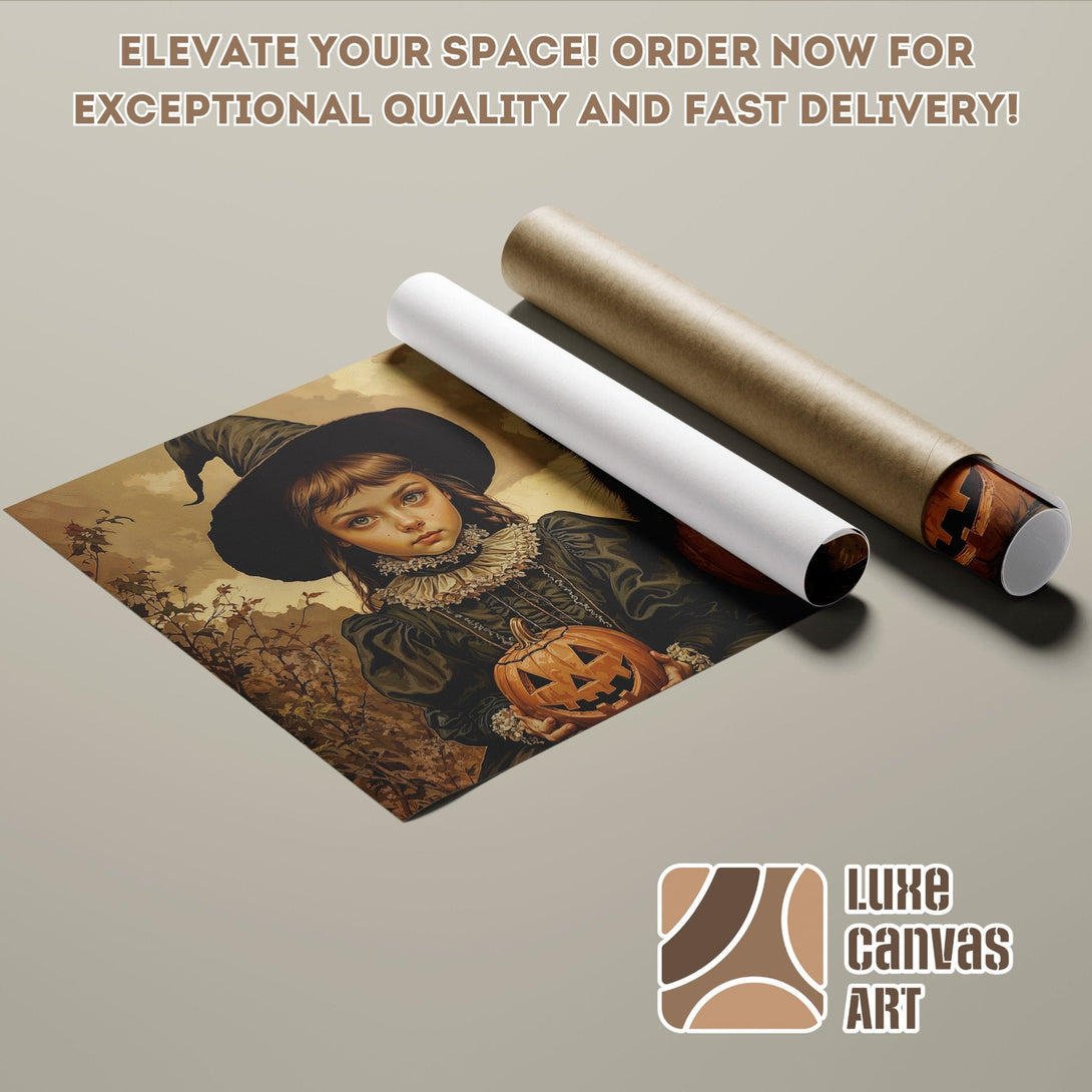 Halloween Poster Roll featuring a vintage witch girl with a pumpkin, warm color palette. Order now!