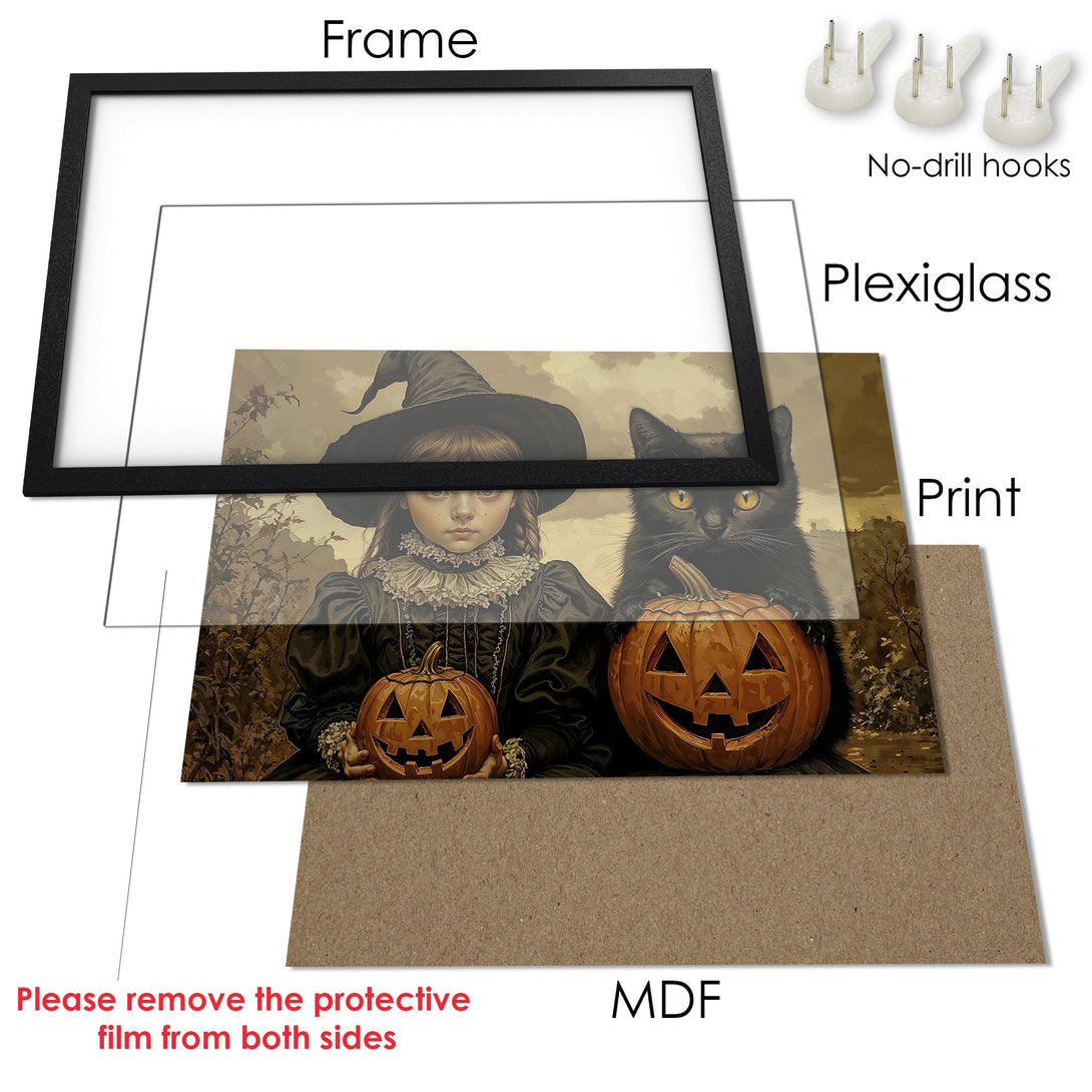 Framed Poster featuring a spooky Halloween scene with a girl, black cat, and pumpkins in a sepia-toned palette. Perfect for seasonal decor!
