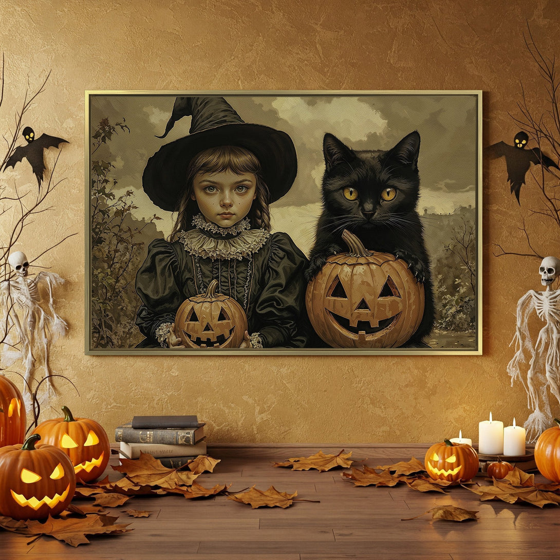 Canvas Print: Spooky Halloween art featuring a witch, black cat, and pumpkins. Warm, autumnal color palette. Perfect for seasonal decor.