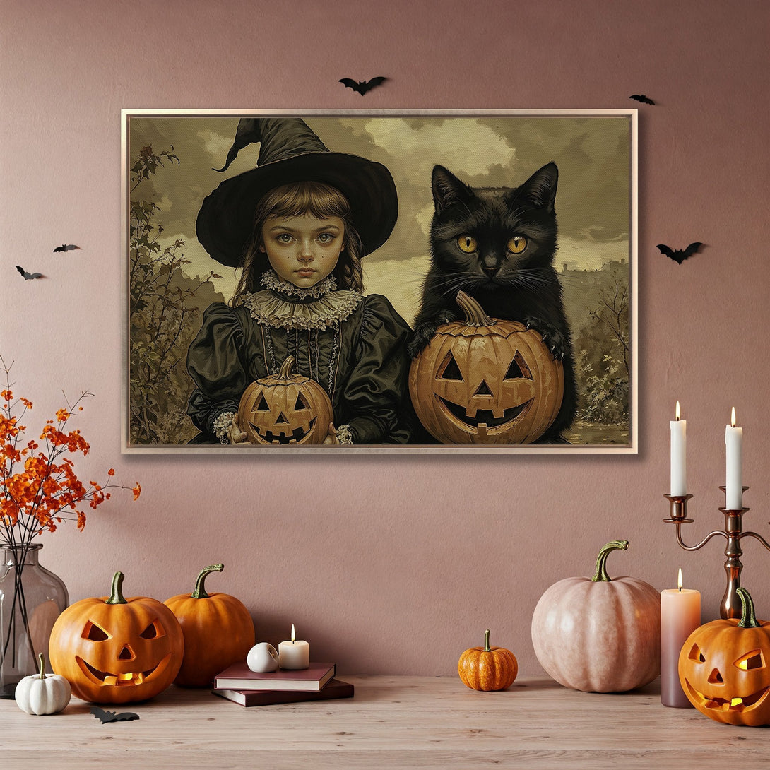 Framed Wall Art: Spooky Halloween scene with witch, black cat, and pumpkins. Vintage style, warm color palette, perfect for seasonal decor.