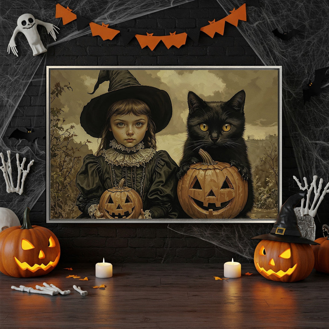 Framed Wall Art: Spooky Halloween scene featuring a girl, black cat, and pumpkins. Vintage style with a warm, autumnal color palette. Perfect for your holiday decor!
